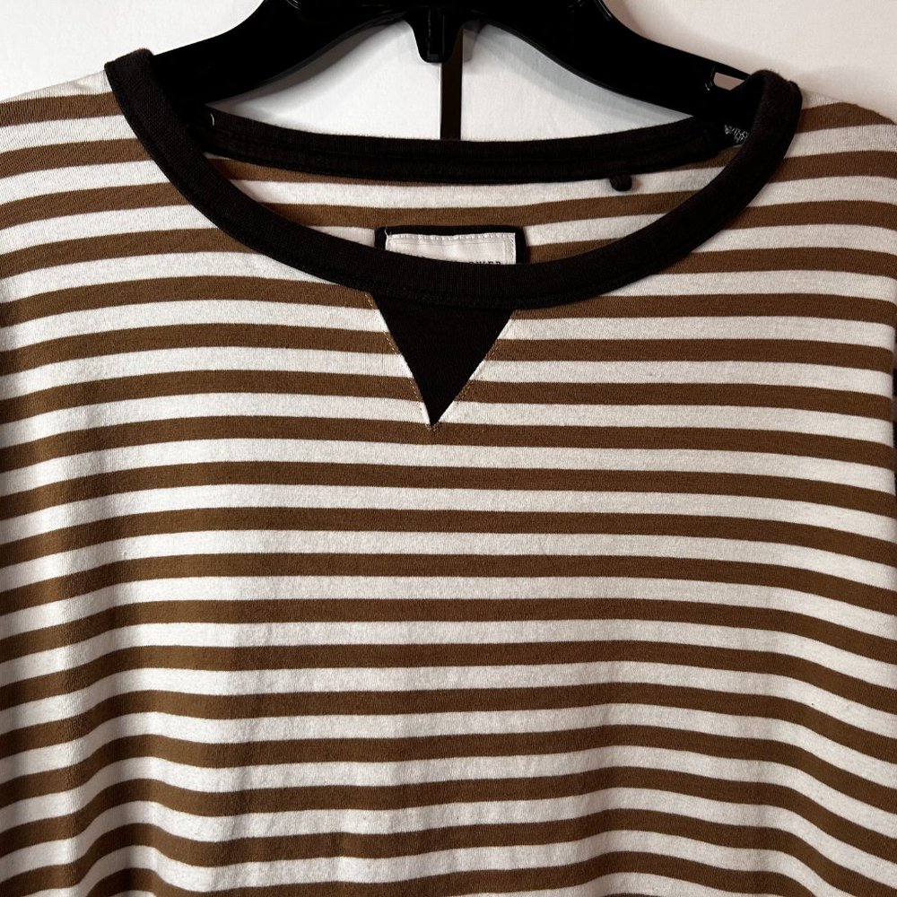 Denim & Flowers Long Sleeve stripe shirt.  Brown and White.‎ Size Medium.